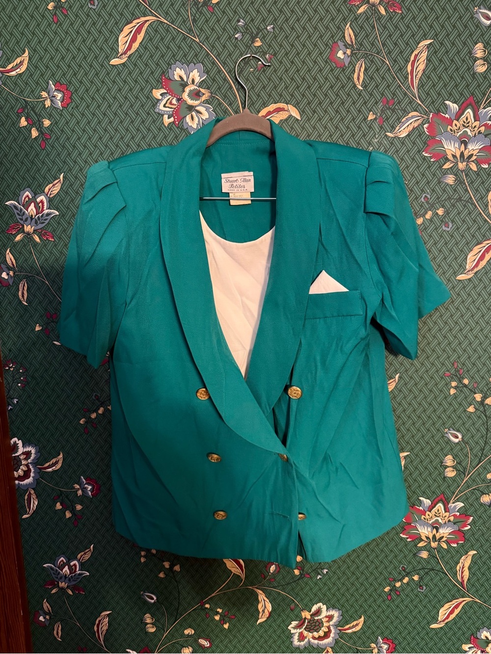 Vintage Teal Double-Breasted Blazer with Gold Buttons and matching skirt